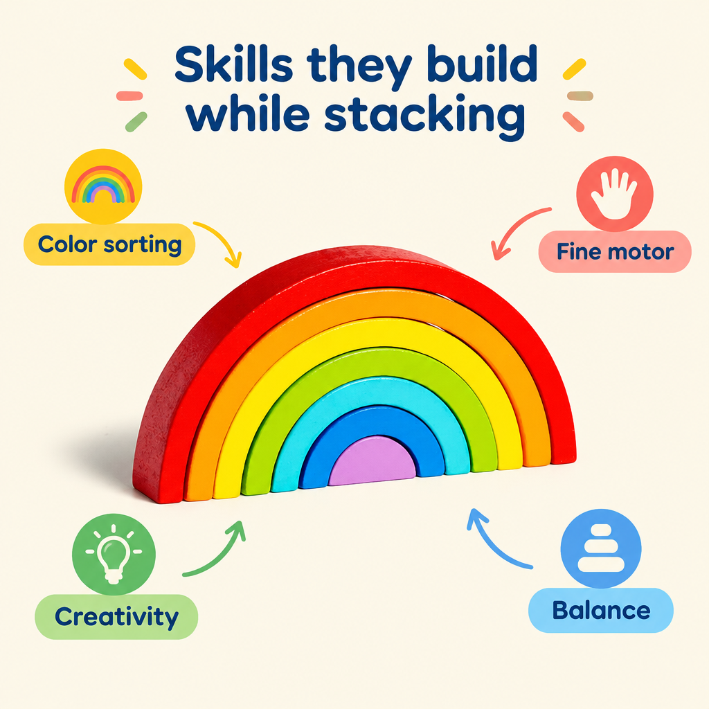 Skills children build stacking wooden rainbow arches