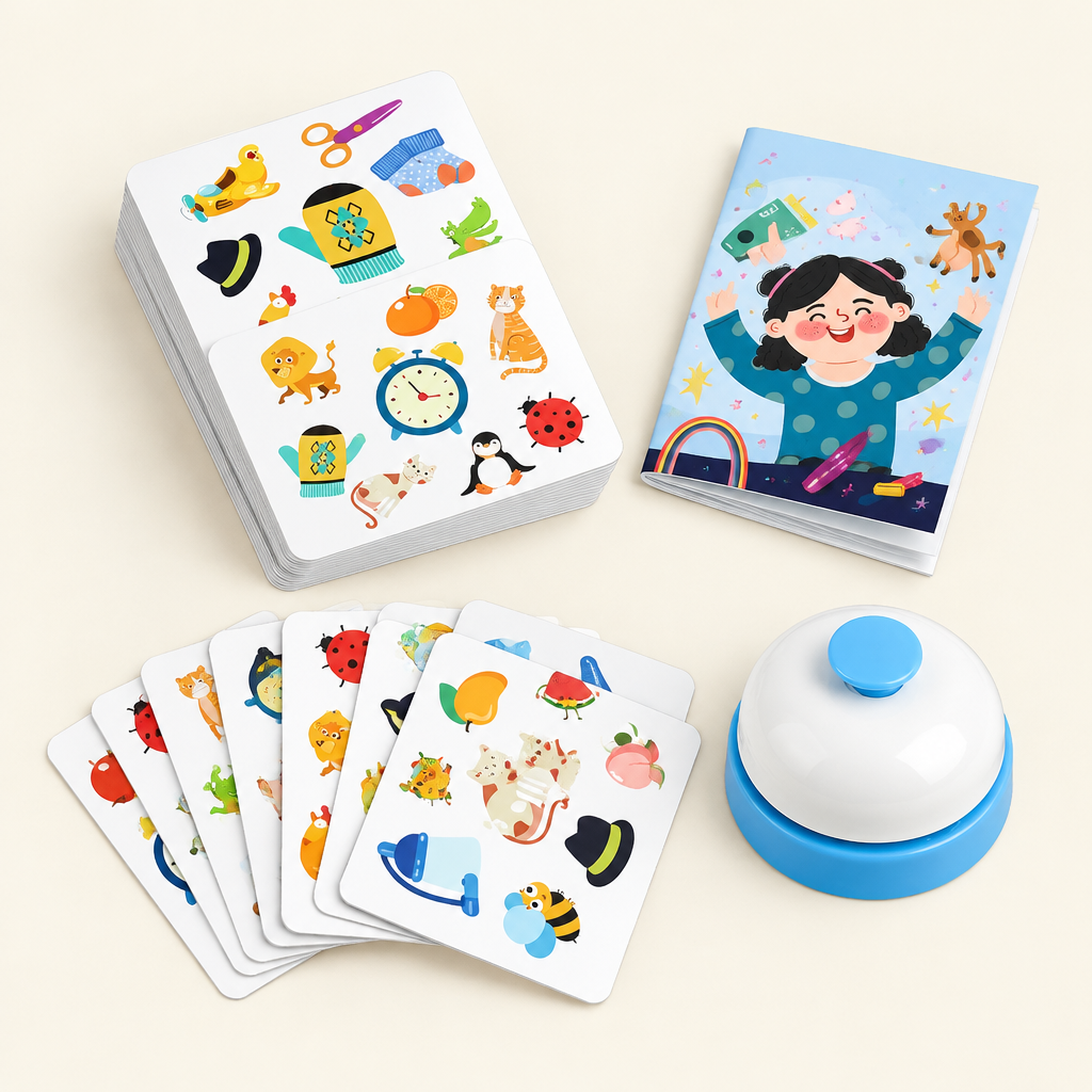 Everything included: picture cards, bell and instructions