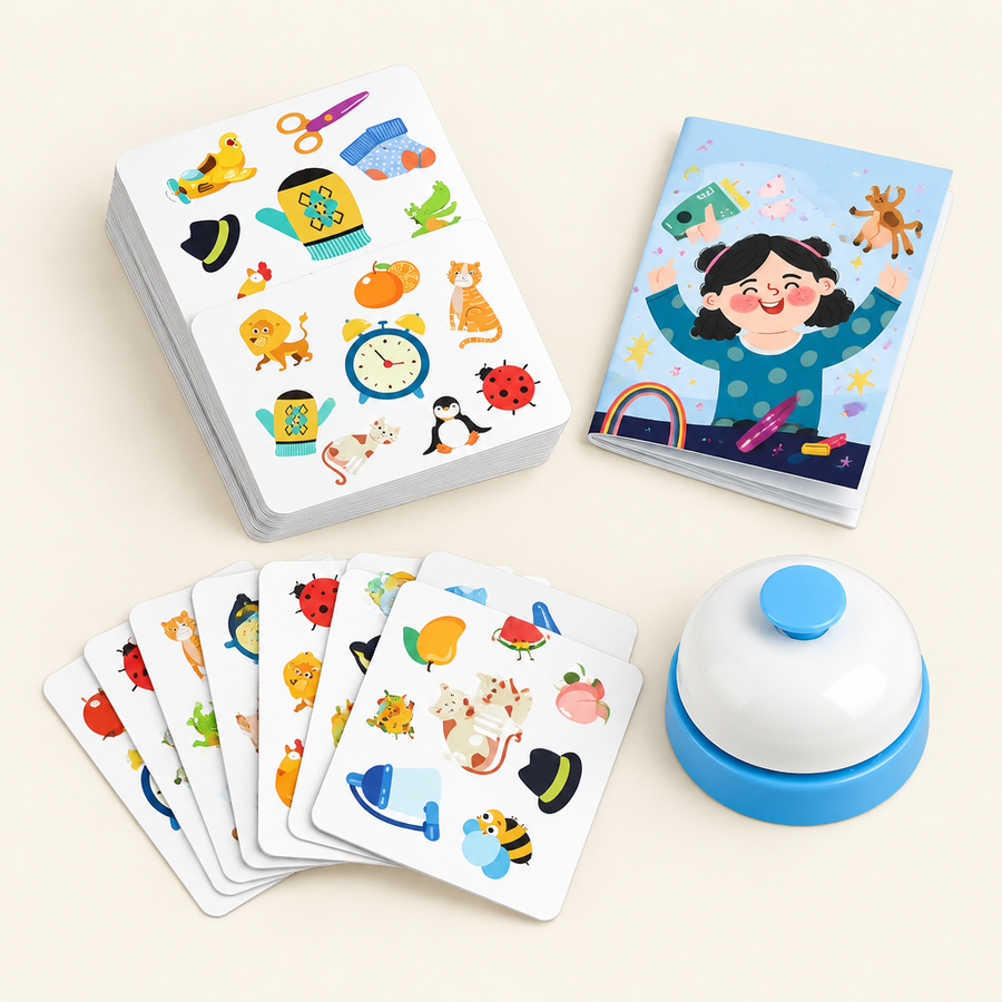 Everything included: picture cards, bell and instructions