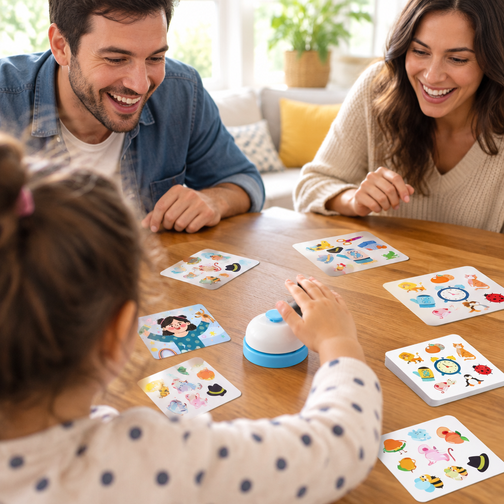 Family playing the spot the match card game at a table