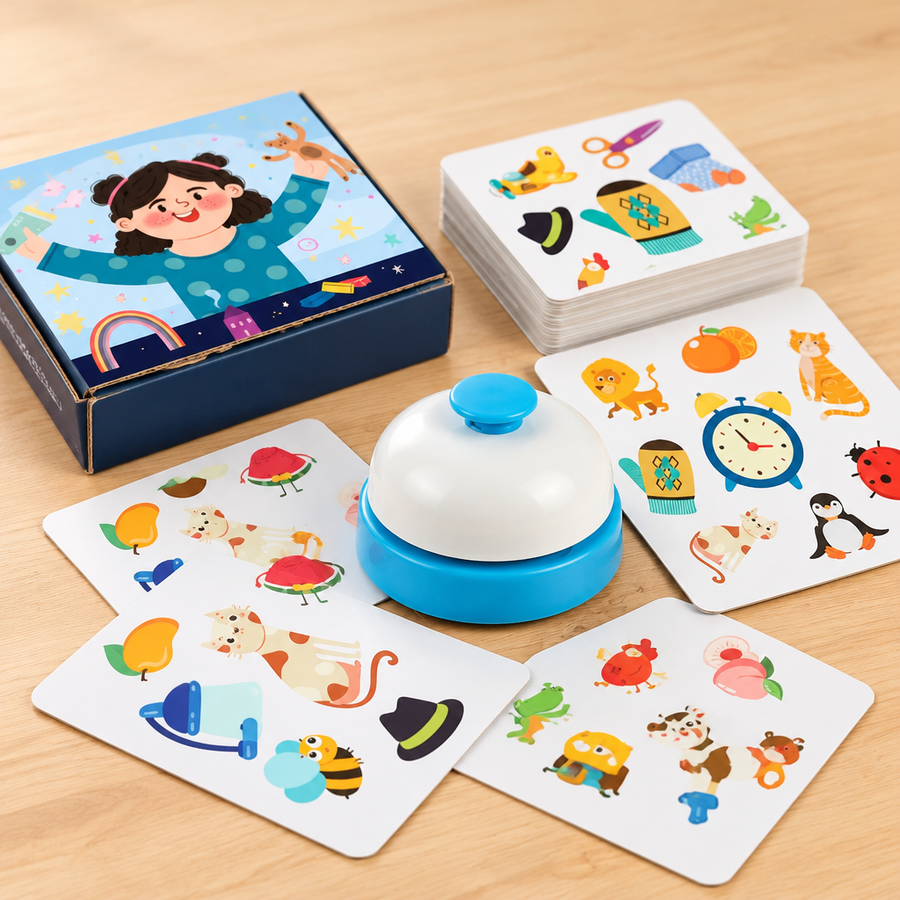 Game bell on a spread of picture cards