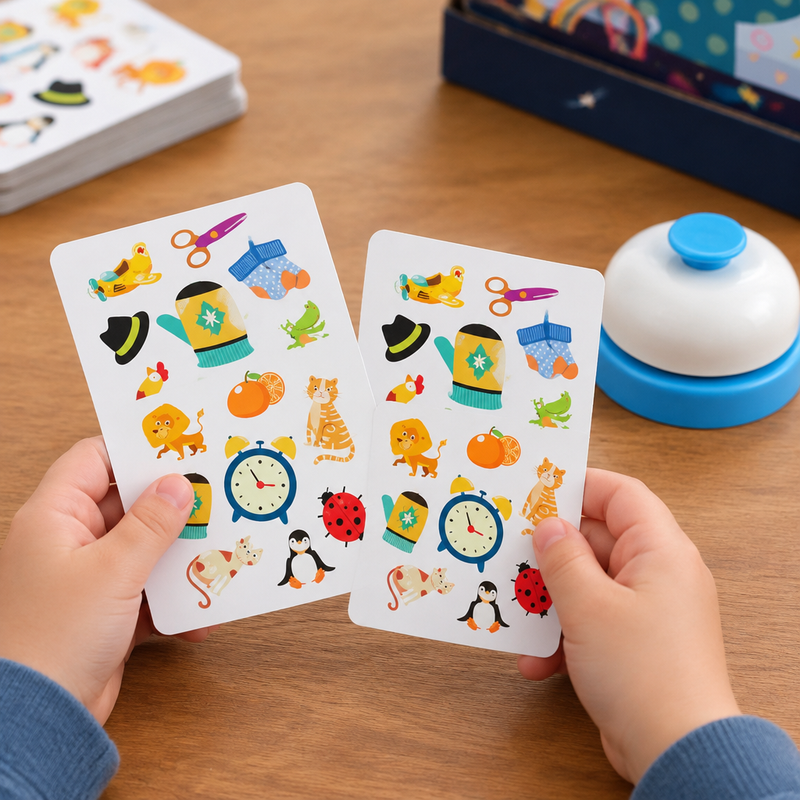 Child hands holding two matching picture cards