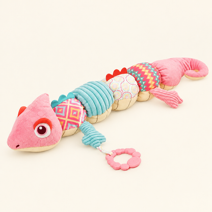 Pink plush lizard baby rattle
