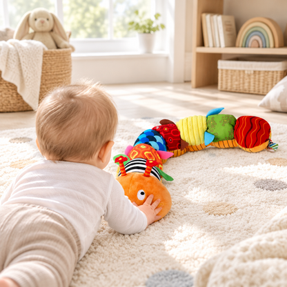 Baby on a play mat reaching for the plush caterpillar