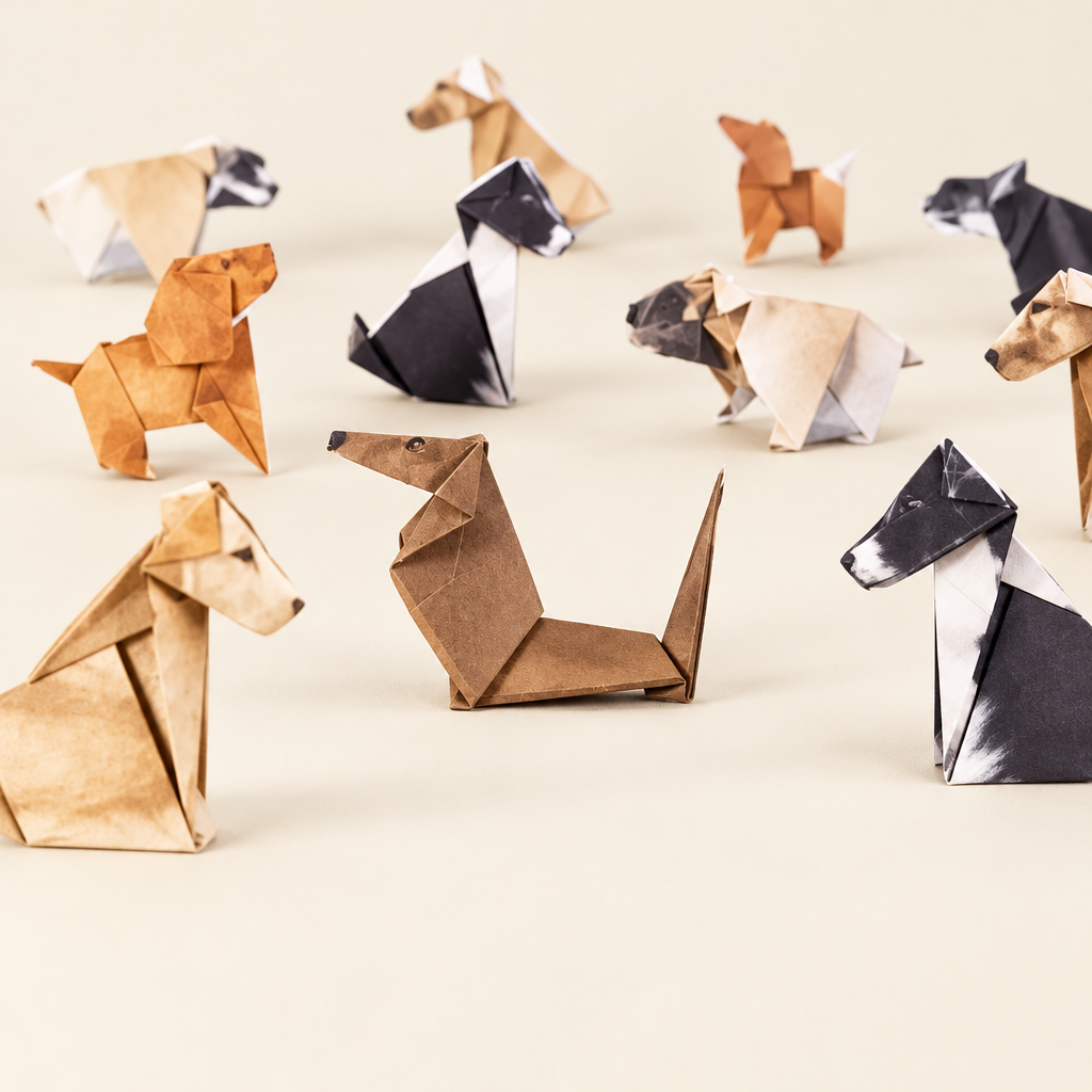 Folded paper origami dogs