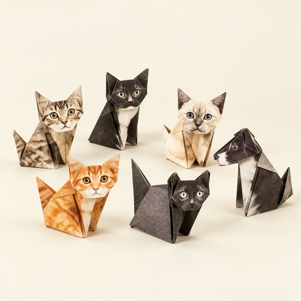 Folded paper origami cats