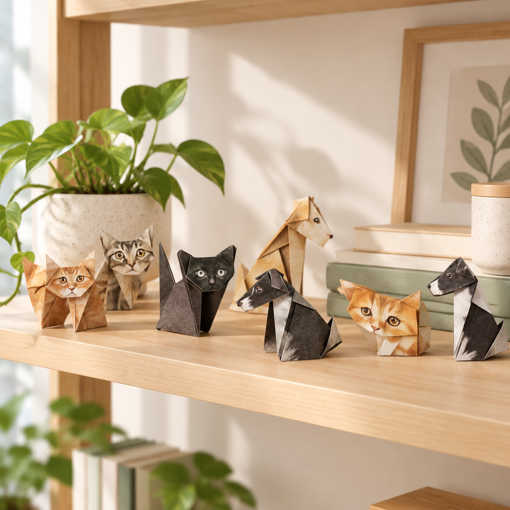 Folded paper animals as shelf decor