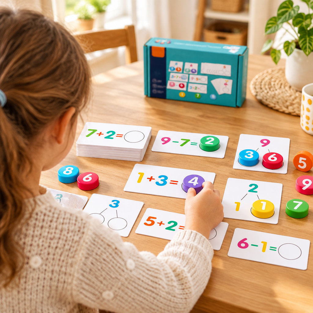 Child placing number discs on math cards