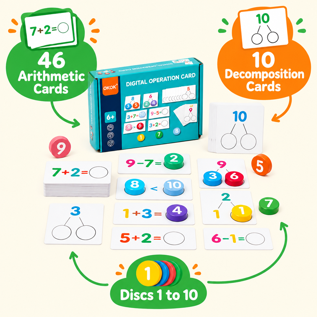 46 arithmetic cards, 10 decomposition cards, discs 1 to 10