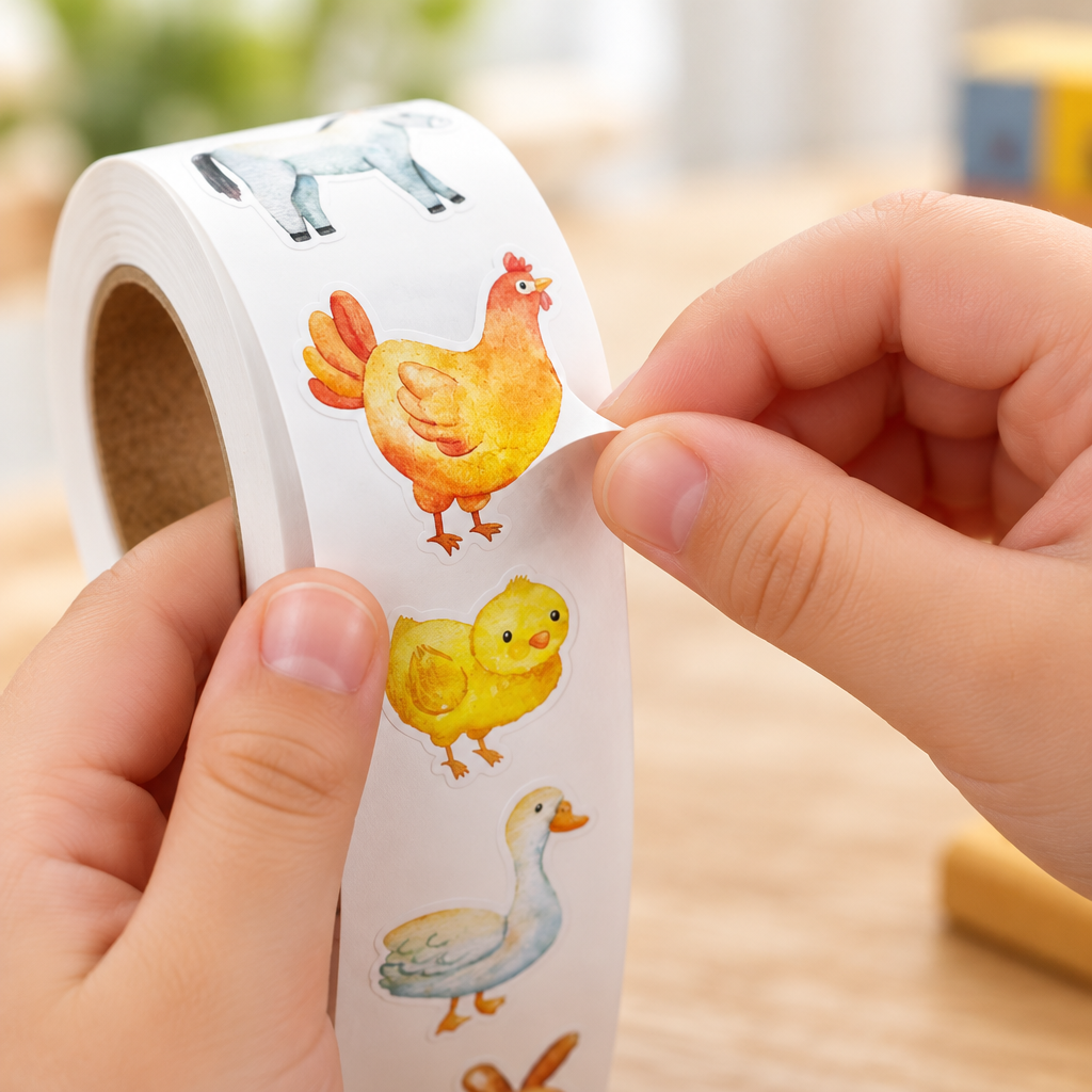 Fingers peeling a farm animal sticker from the roll