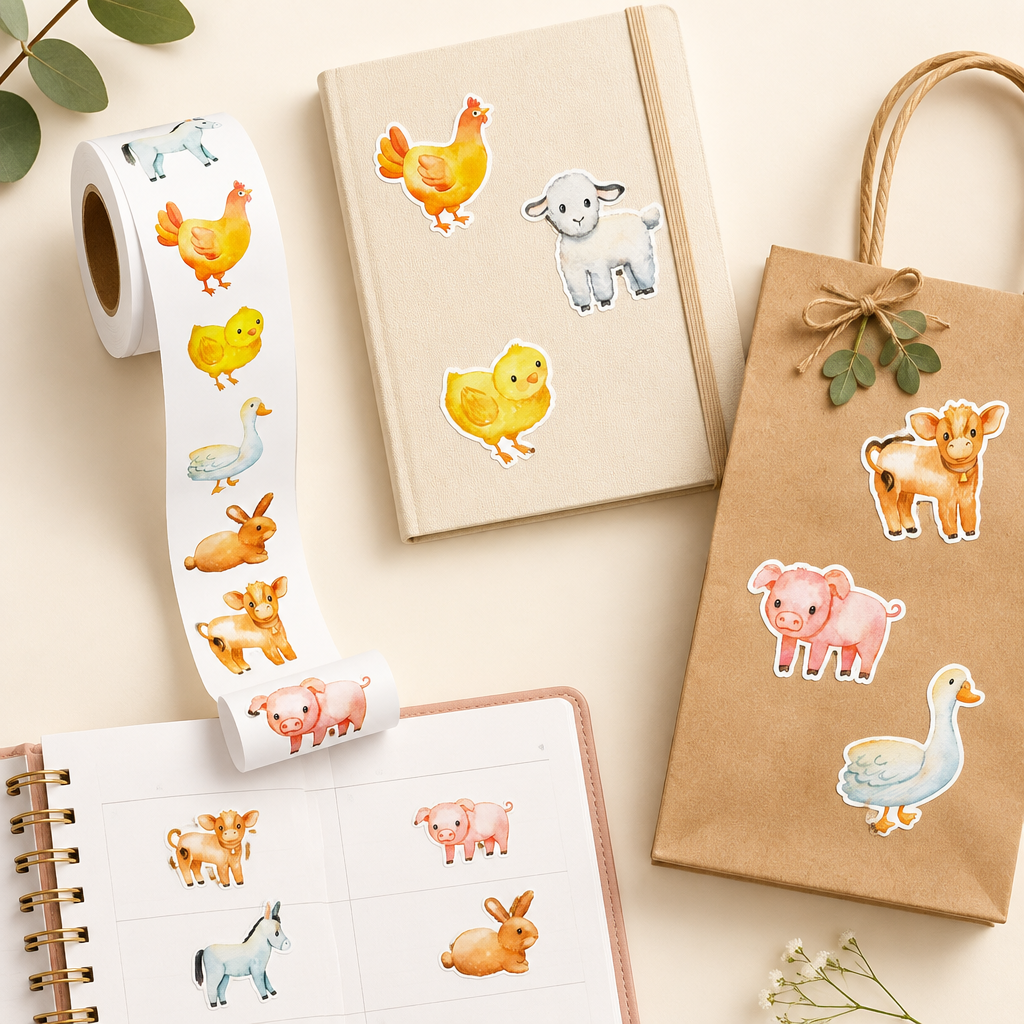 Stickers on a notebook and gift bag