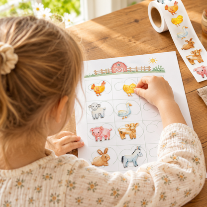 Child placing farm animal stickers on a reward chart