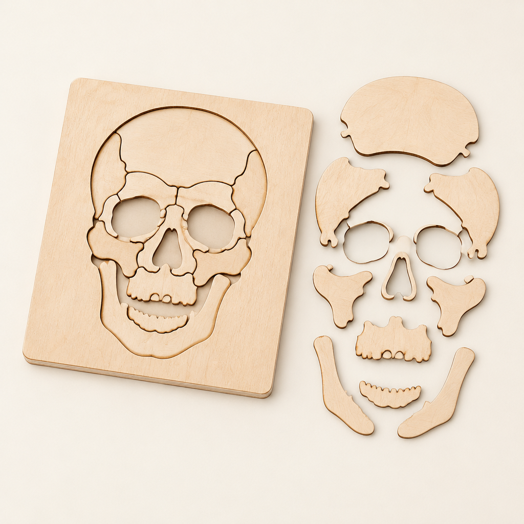 Skull bones wooden puzzle board with lift-out bone pieces