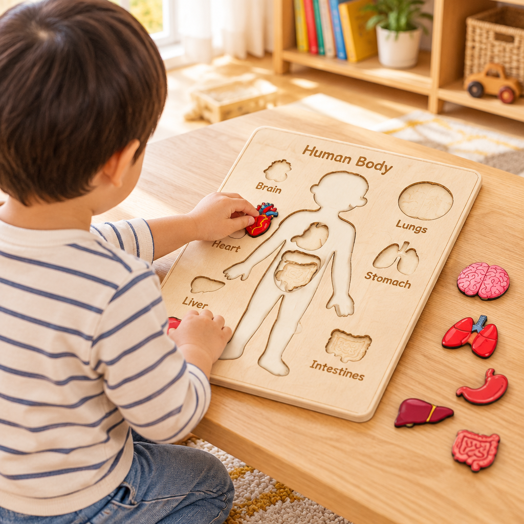 Child placing organ pieces into the body puzzle board