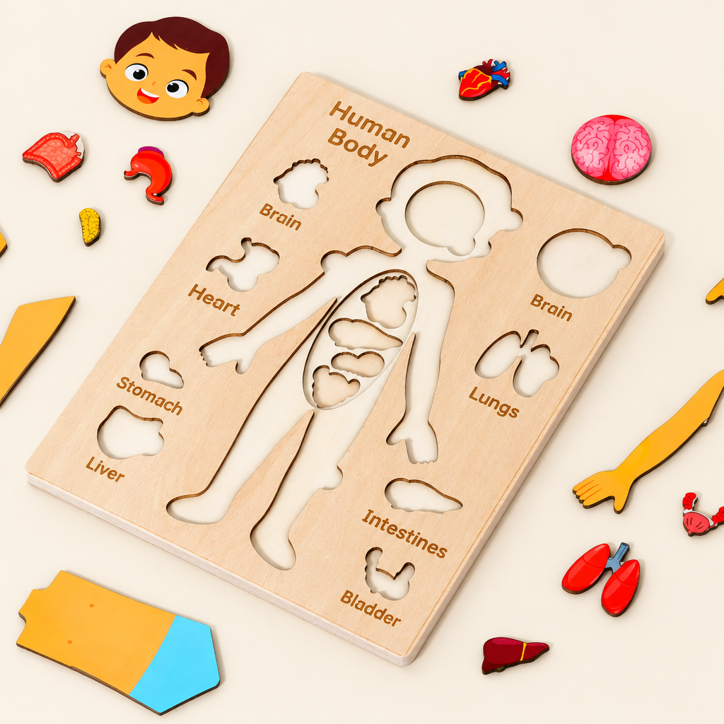Boy body wooden puzzle board with English labels