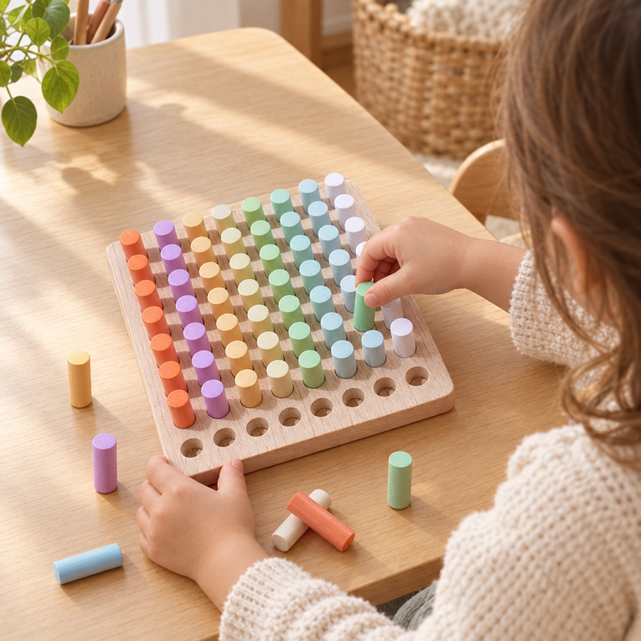 Child pressing pegs into a wooden pastel plugboard