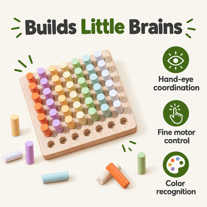 Wooden plugboard builds hand-eye coordination, fine motor control and color recognition