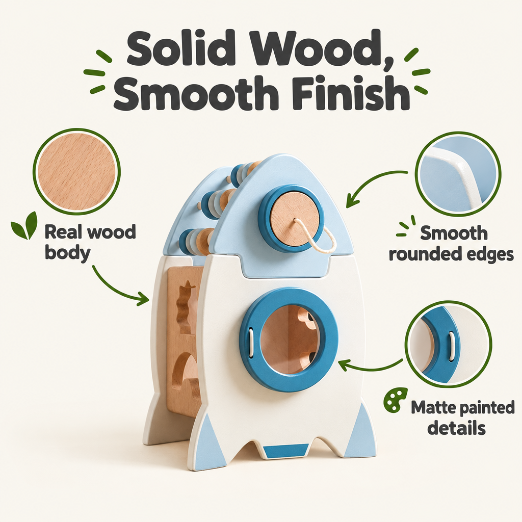 Wooden rocket shape sorter made of solid wood