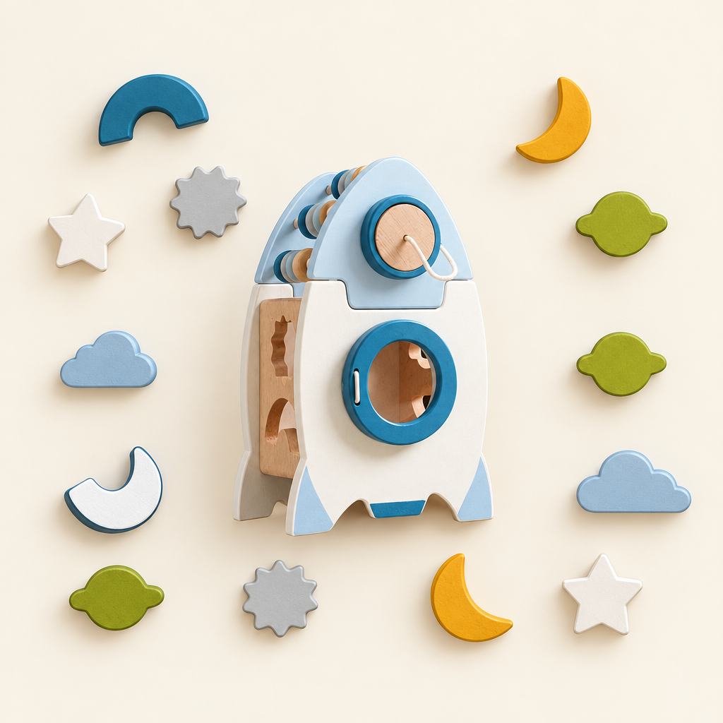 Wooden rocket with its space shape blocks, everything included