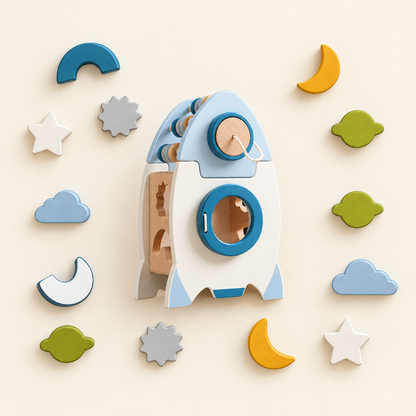 Wooden rocket with its space shape blocks, everything included