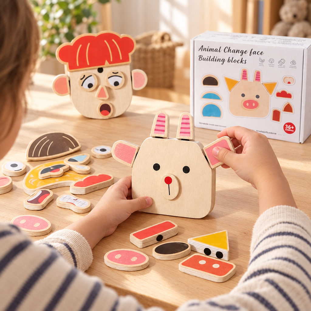 Child swapping faces on the wooden expression blocks