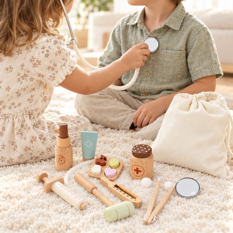 Two children playing doctor with the wooden doctor and nurse set