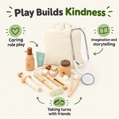 Wooden doctor set builds kindness, imagination and turn taking