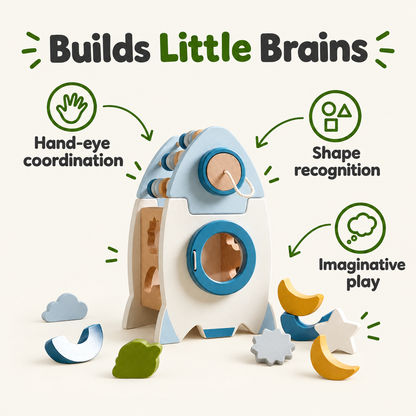 Wooden rocket shape sorter builds hand-eye coordination and imagination