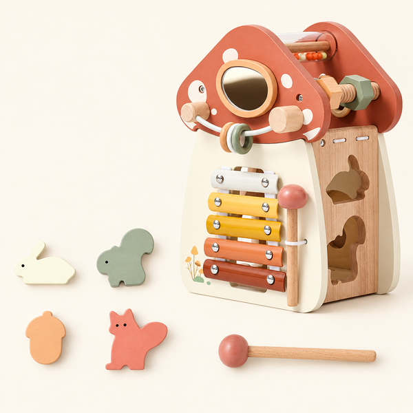 Wooden mushroom house with shapes and mallet, everything included