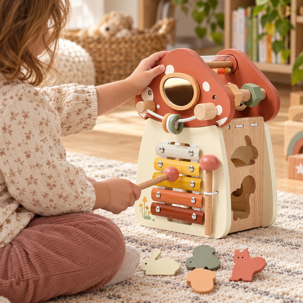 Child playing the xylophone on the wooden mushroom house