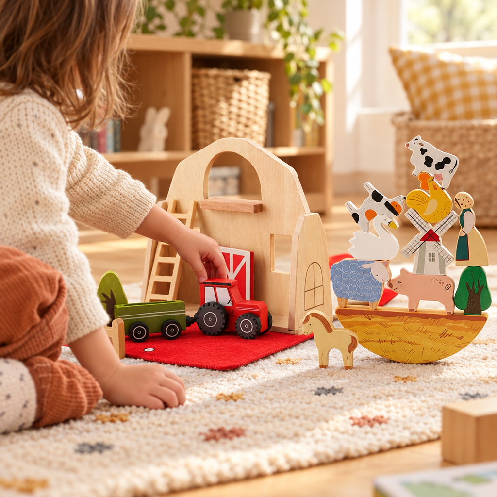 Child playing with the natural wood farm barn set