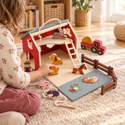 Child playing with the red wooden farm barn set
