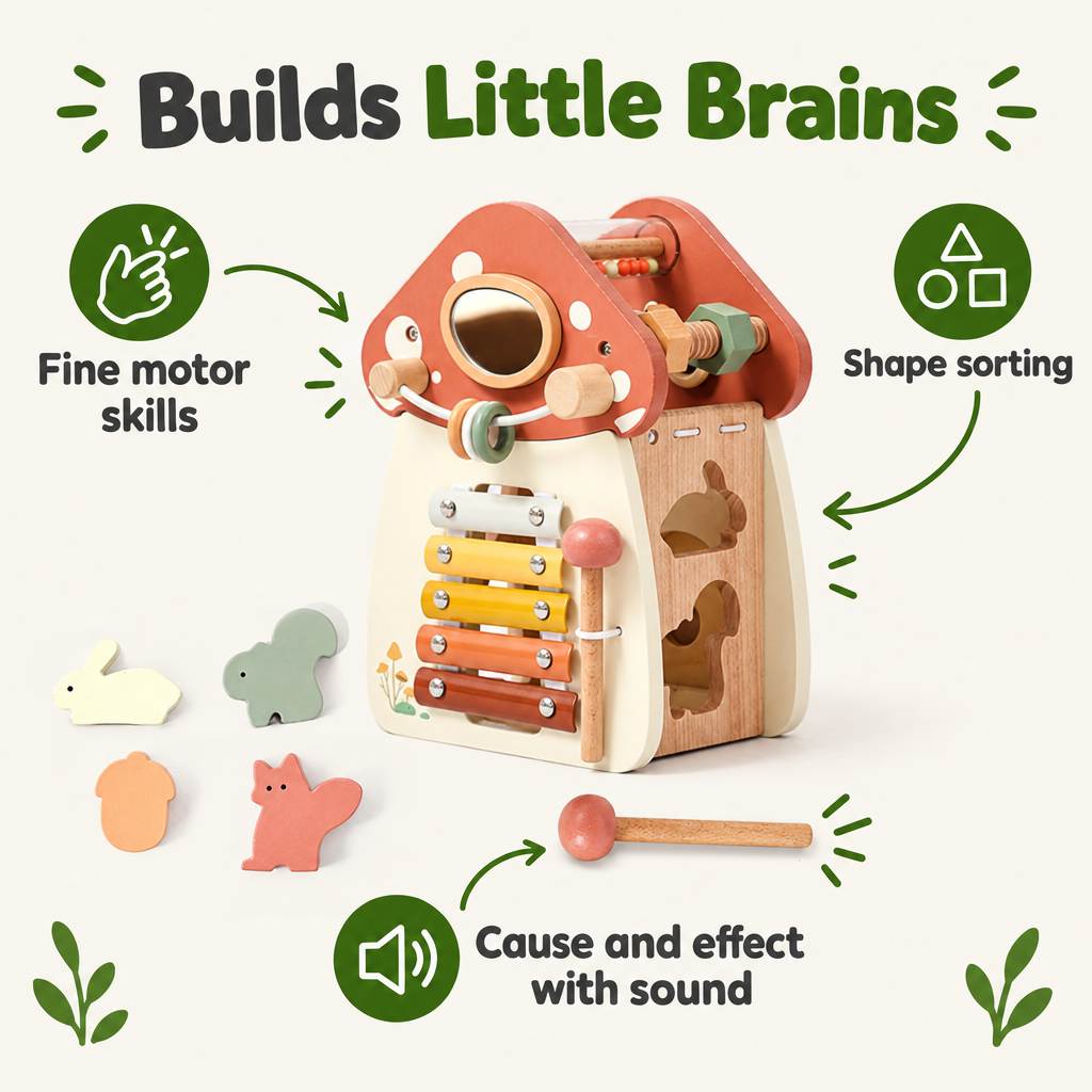 Wooden mushroom house builds fine motor skills and shape sorting