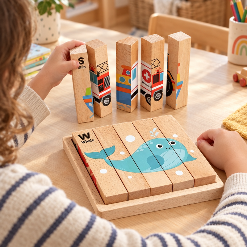 Child building a picture with the wooden block puzzle