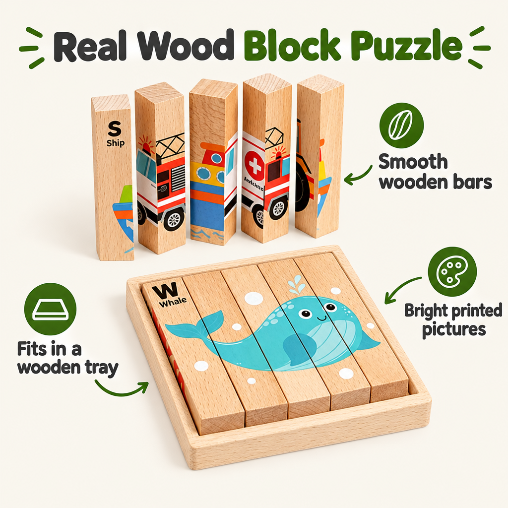 Wooden block puzzle with smooth wooden bars and tray