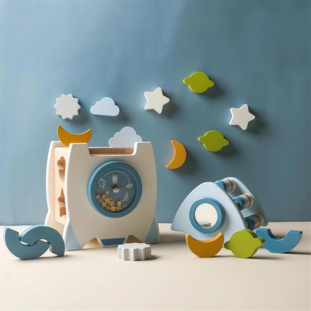 Wooden rocket shape sorter for toddlers