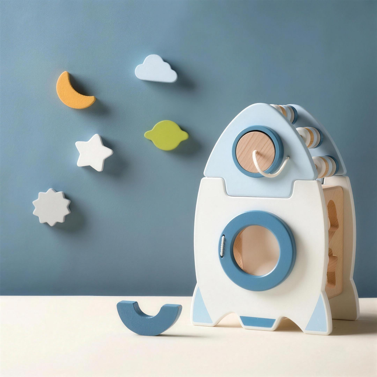Wooden rocket shape sorter for toddlers