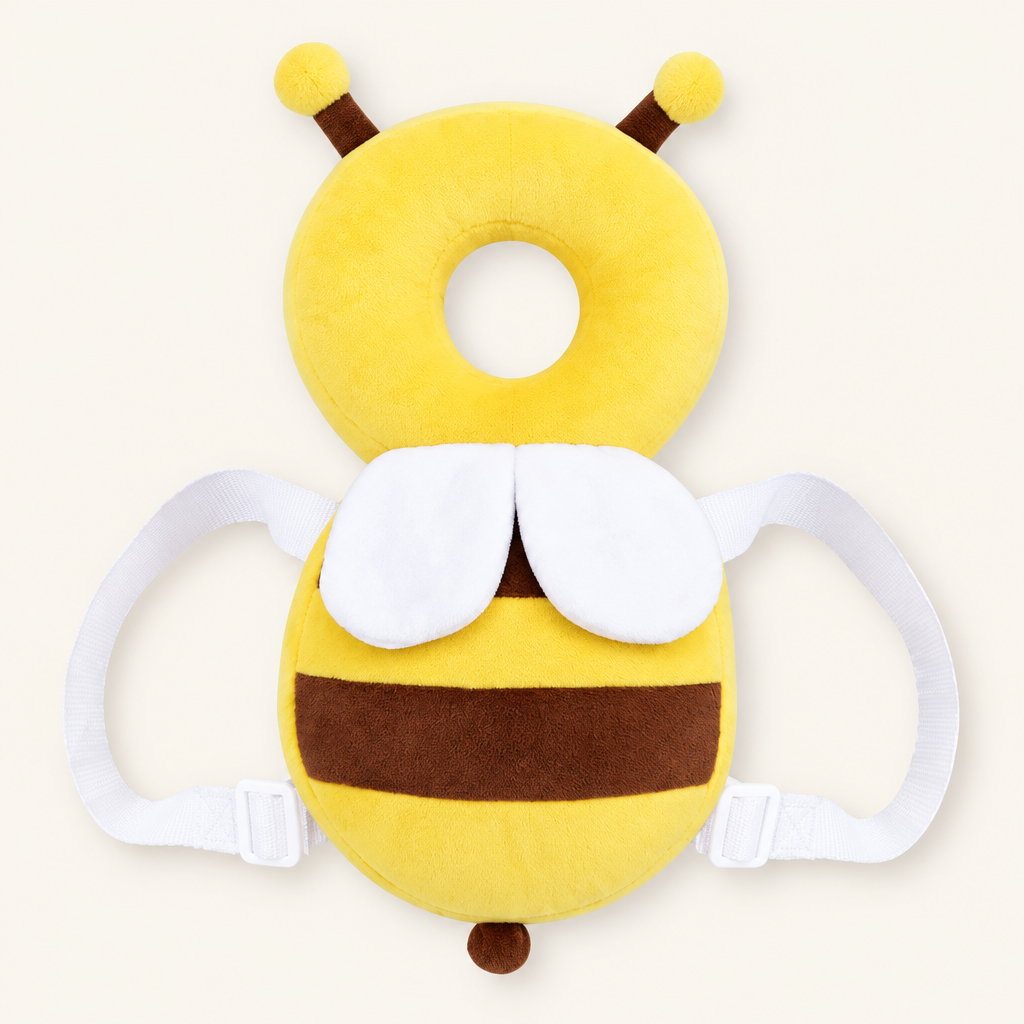 Bee plush toddler back cushion with white shoulder straps
