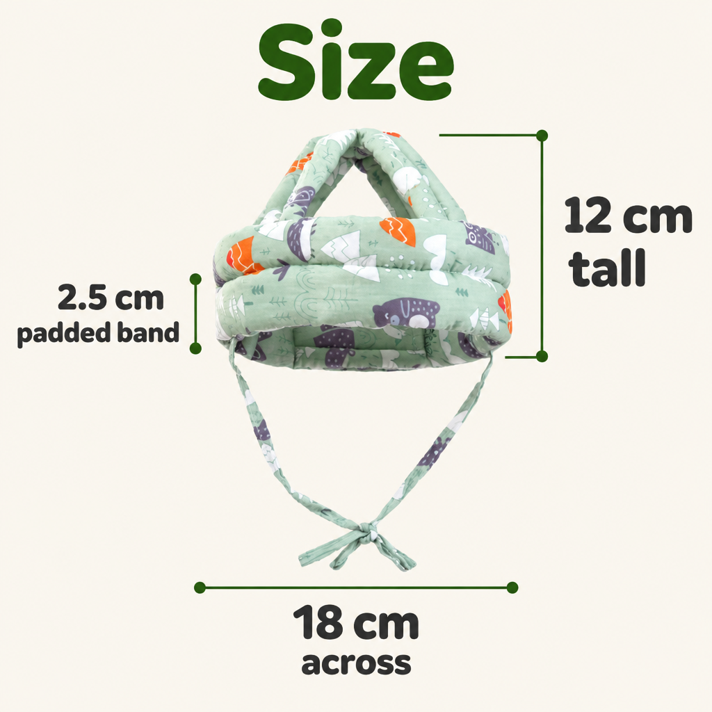 Baby cap size: 12 cm tall, 18 cm across, 2.5 cm padded band