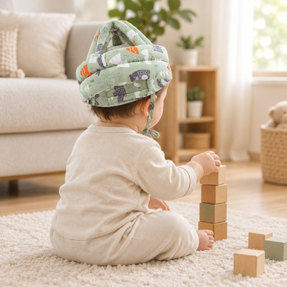 Toddler stacking blocks while wearing the soft padded baby cap
