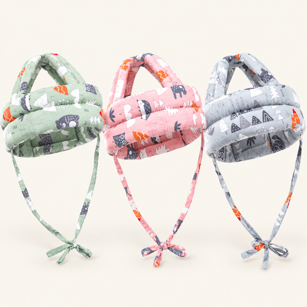 Soft padded baby cap in green, pink and grey forest prints