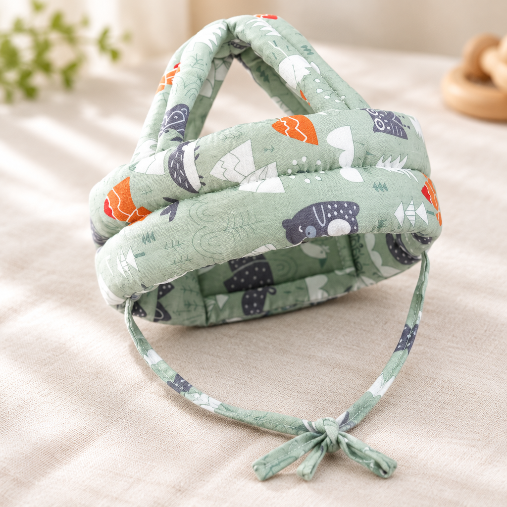 Close-up of the padded band and ties on the green forest baby cap
