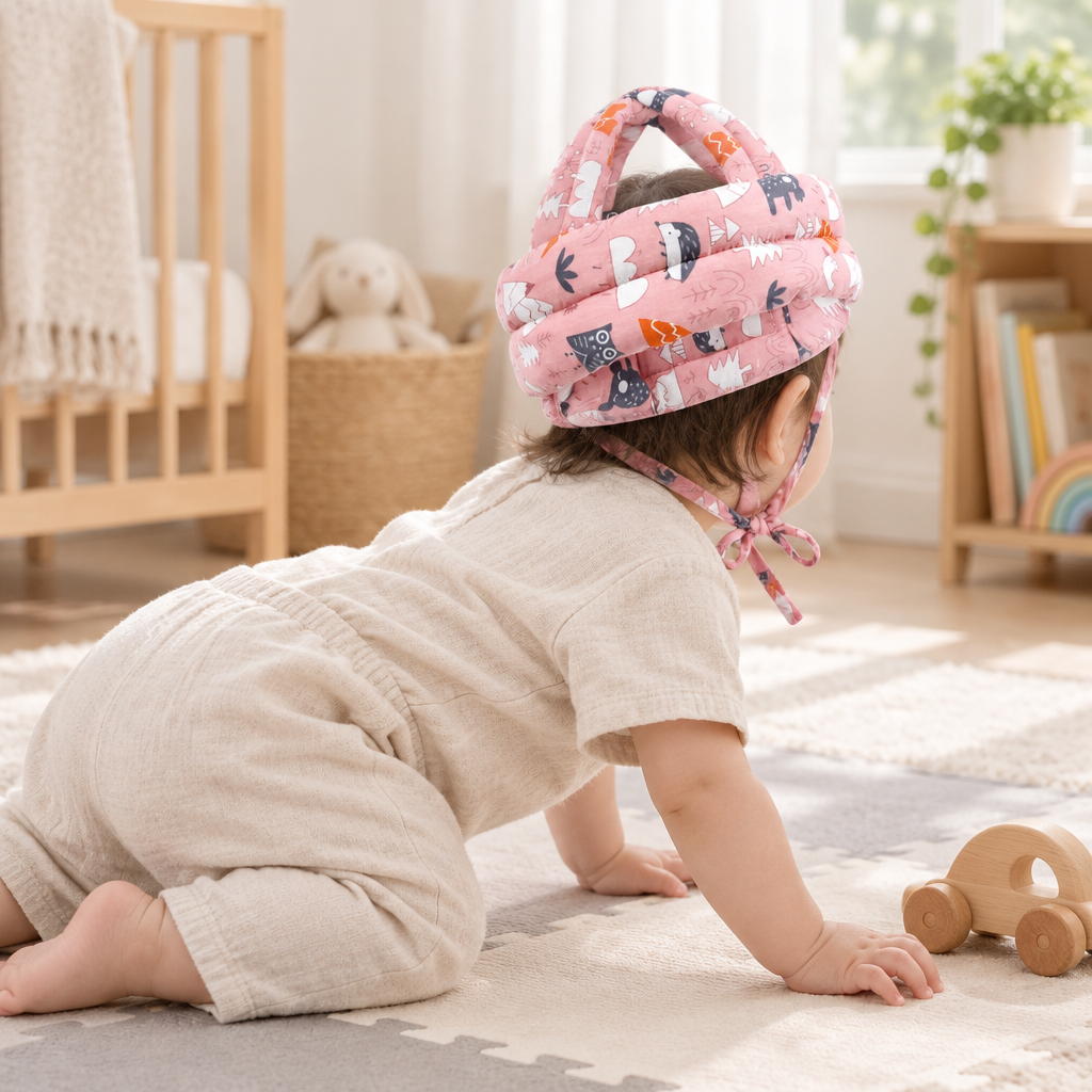 Toddler crawling on a play mat wearing the pink forest baby cap