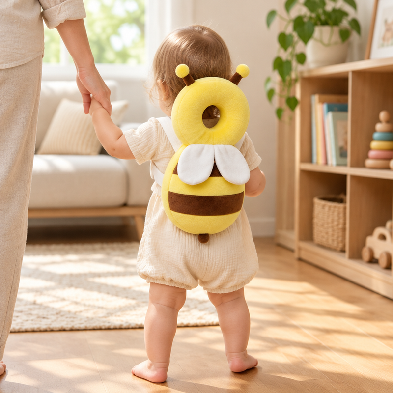 Toddler walking while wearing the bee plush back cushion