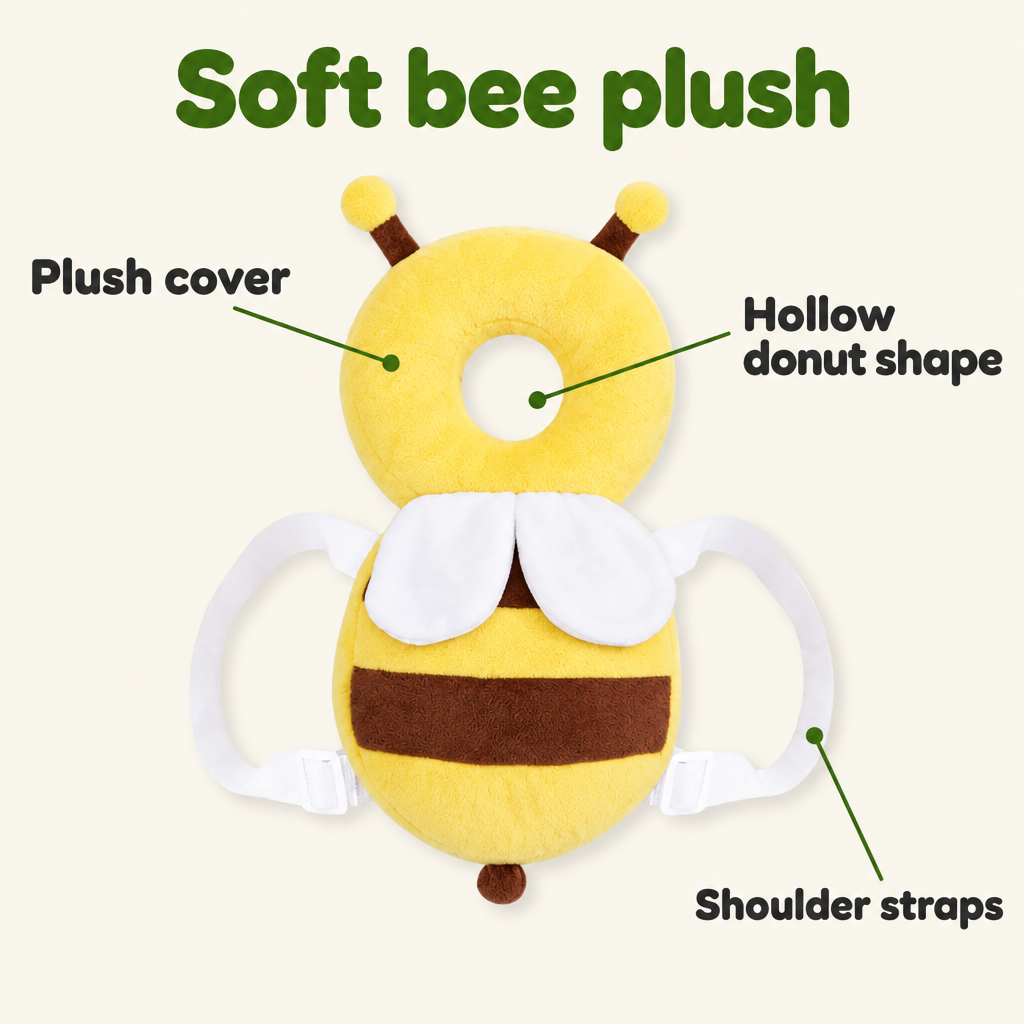 Bee back cushion with plush cover, hollow donut shape and shoulder straps