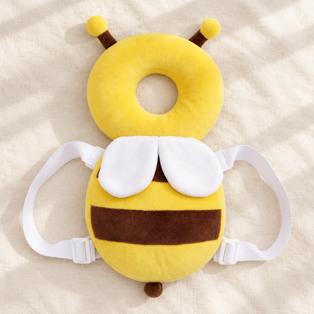 Bee plush back cushion laid flat with straps spread out