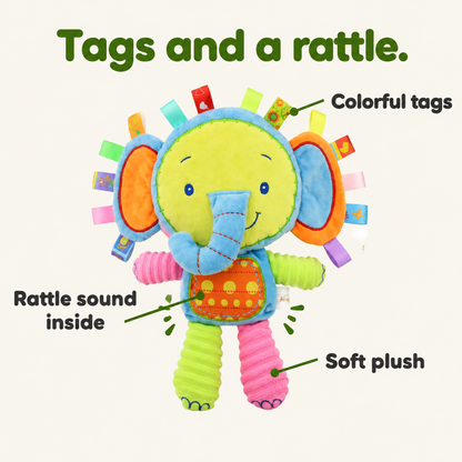 Tag plush with colorful tags, rattle sound inside and soft plush