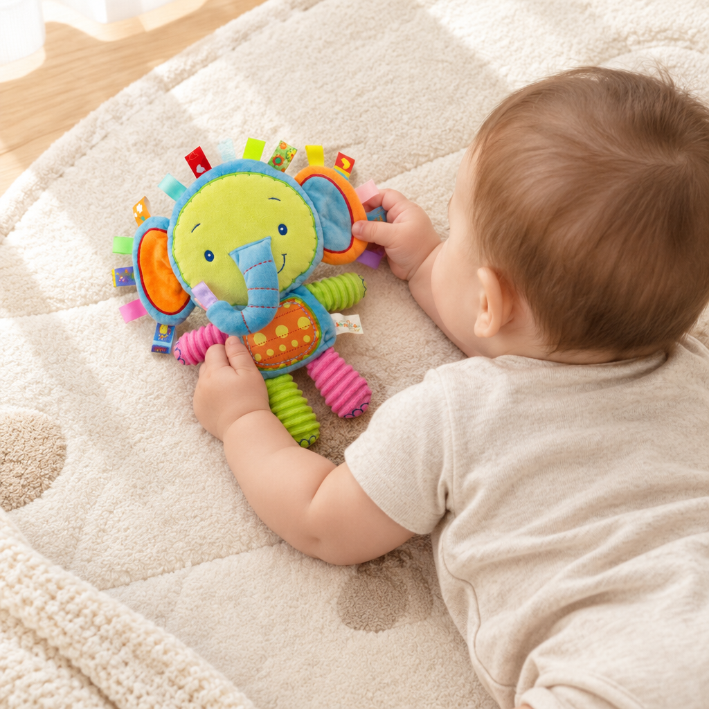 Baby lying on a play mat holding the elephant tag plush