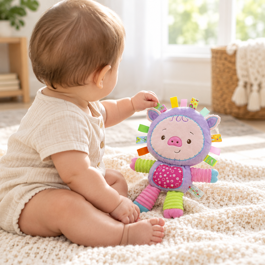 Baby sitting on a blanket reaching for the pig tag plush