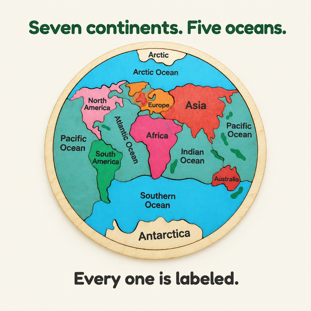 World map puzzle with seven continents and five oceans labeled